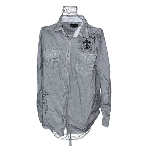 Very nice Decoded Men’s “LIVE FREE” Long Sleeve black & White striped button up - Picture 2 of 12